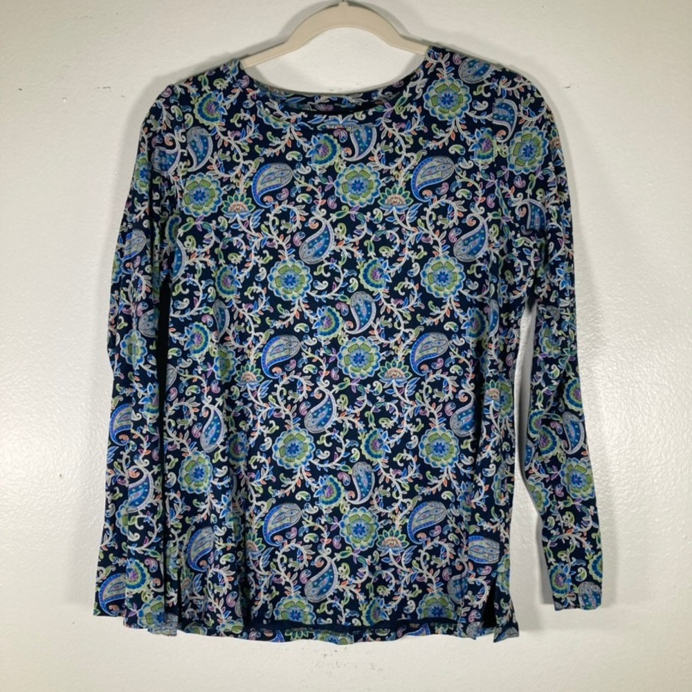 J. Jill Womens Navy Blue Paisley Floral Pima Cotton Long Sleeve Crew Neck Tee M